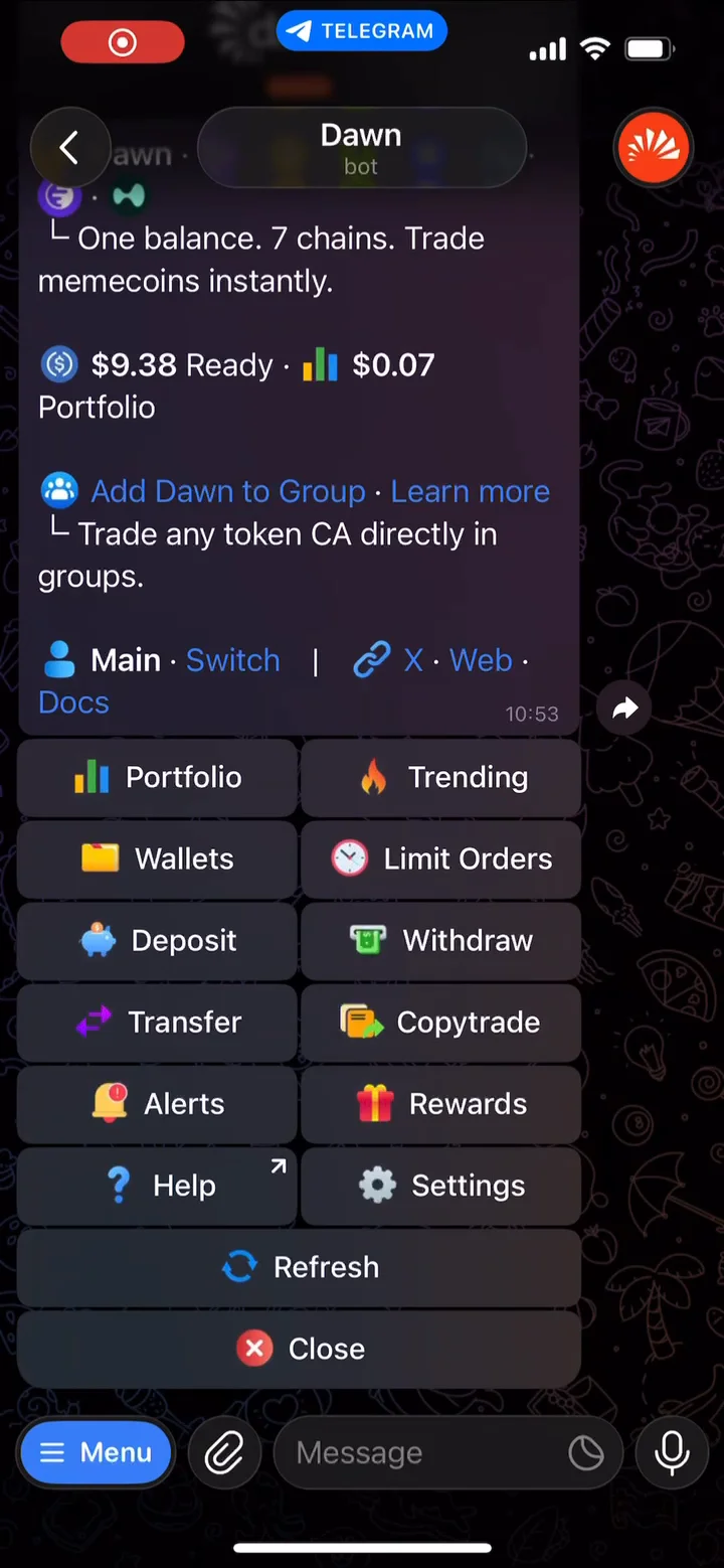 The Dawn bot home screen in Telegram, showing the USDC balance and the Portfolio, Deposit, Copytrade and other menu buttons