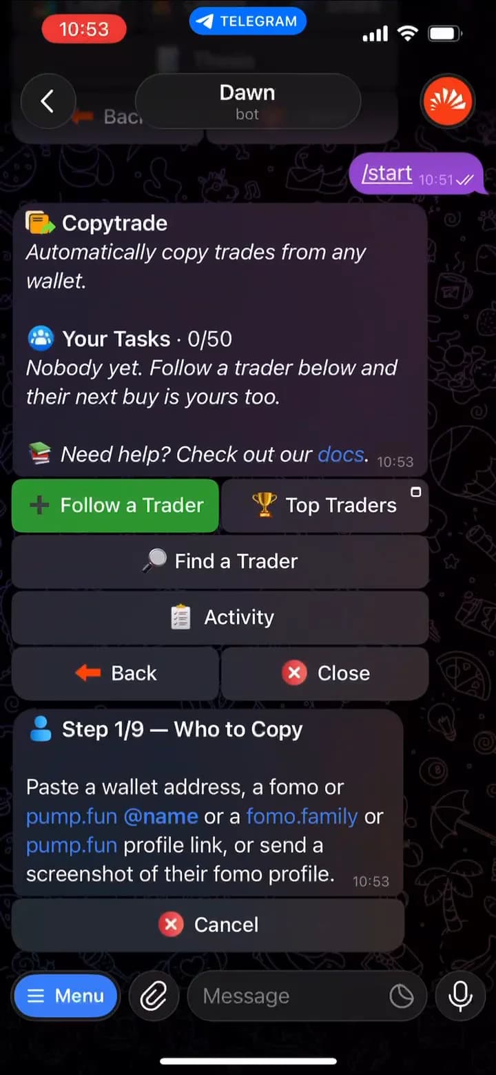 Dawn's Copytrade page showing Your Tasks 0/50 and the Follow a Trader, Top Traders, Find a Trader and Activity buttons