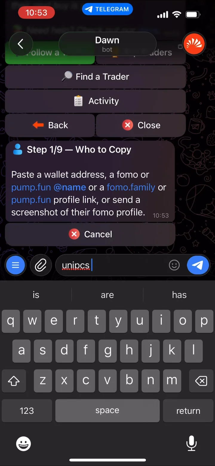 Step 1 of 9, Who to Copy: Dawn asks for a wallet address, fomo or pump.fun name, or a profile link, with a fomo handle typed in the message box