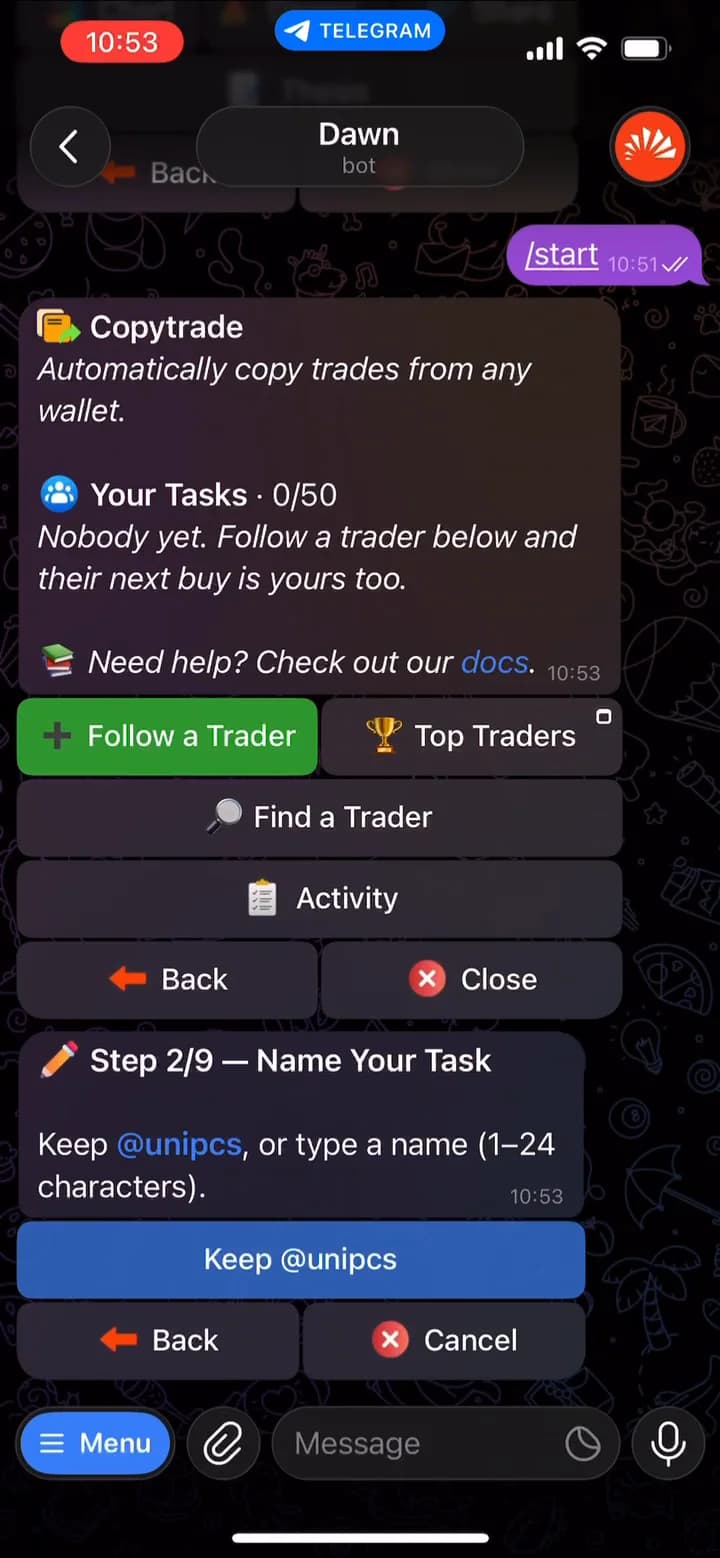 Step 2 of 9, Name Your Task, with a Keep @handle button to use the trader's handle as the task name
