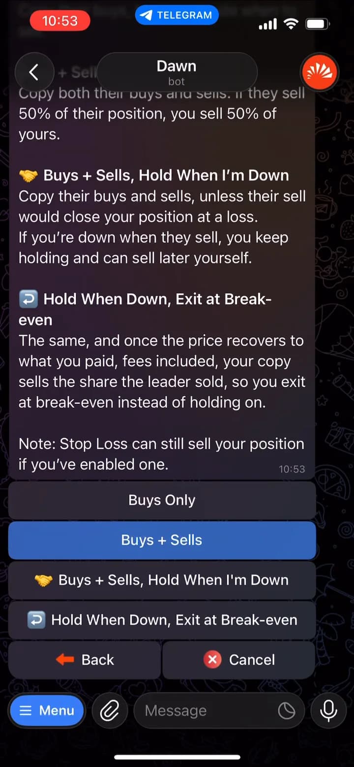 Step 5 of 9 in Dawn with four options: Buys Only, Buys + Sells, Buys + Sells Hold When I'm Down, and Hold When Down Exit at Break-even