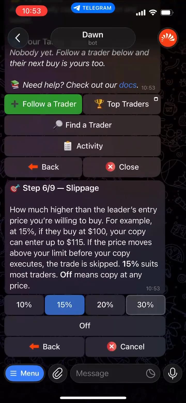 Step 6 of 9, Slippage, explaining the maximum entry price above the leader's entry, with 10%, 15%, 20%, 30% and Off buttons