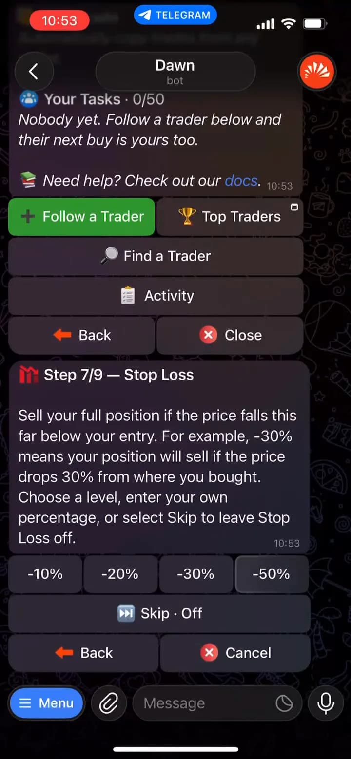 Step 7 of 9, Stop Loss, with -10%, -20%, -30%, -50% and Skip buttons