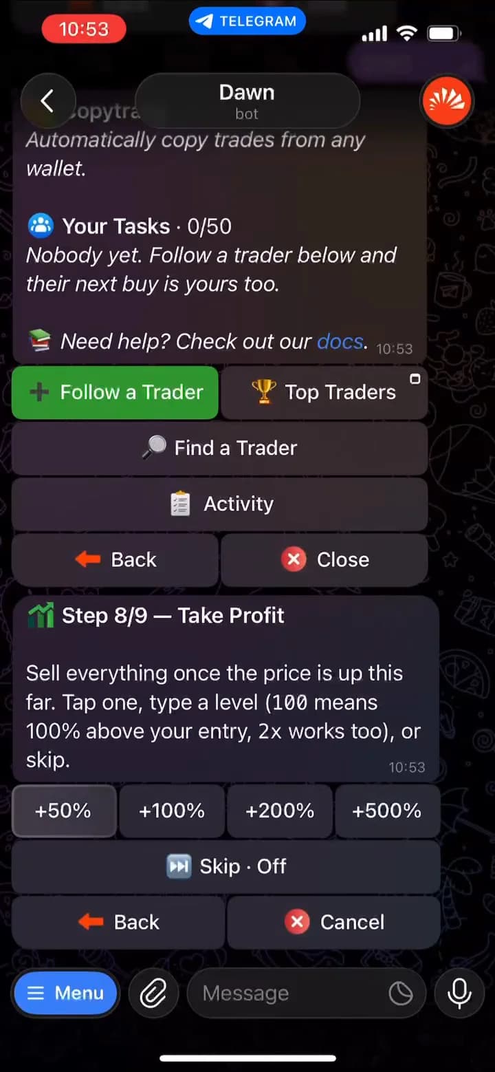 Step 8 of 9, Take Profit, with +50%, +100%, +200%, +500% and Skip buttons