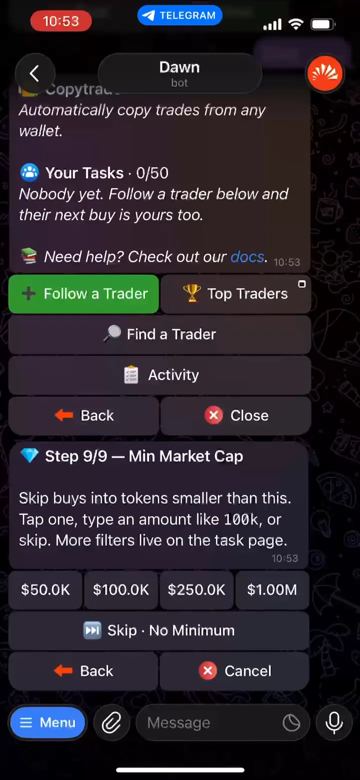 Step 9 of 9, Min Market Cap, with $50K, $100K, $250K, $1.00M and Skip · No Minimum buttons