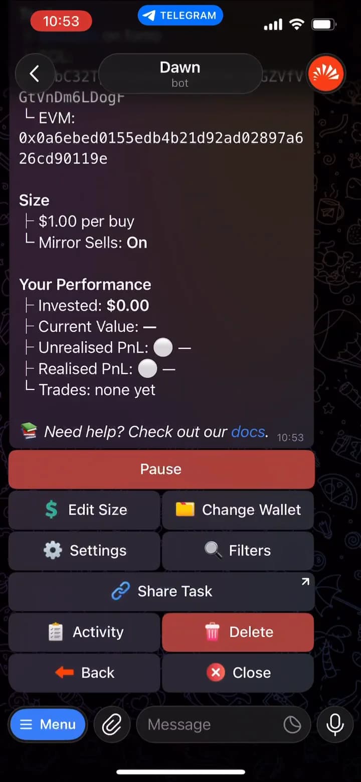 A Dawn copy task page with the Pause button and Edit Size, Change Wallet, Settings, Filters, Share Task, Activity and Delete buttons