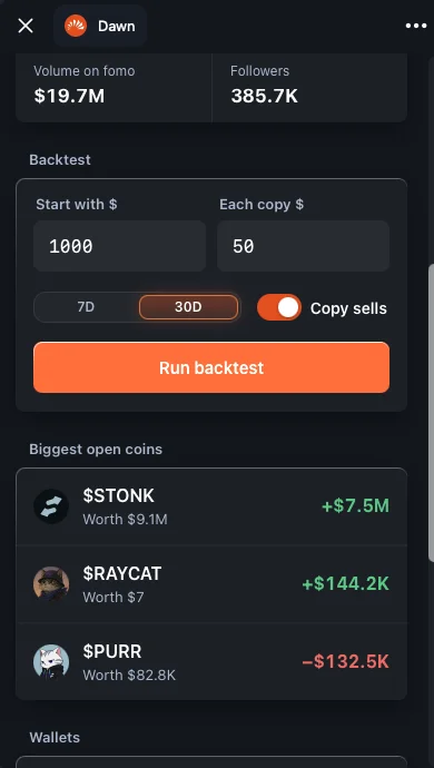 Dawn's backtest screen for a trader, with the Start with $, Each copy $, 7D or 30D window and Copy sells inputs and the Run backtest button